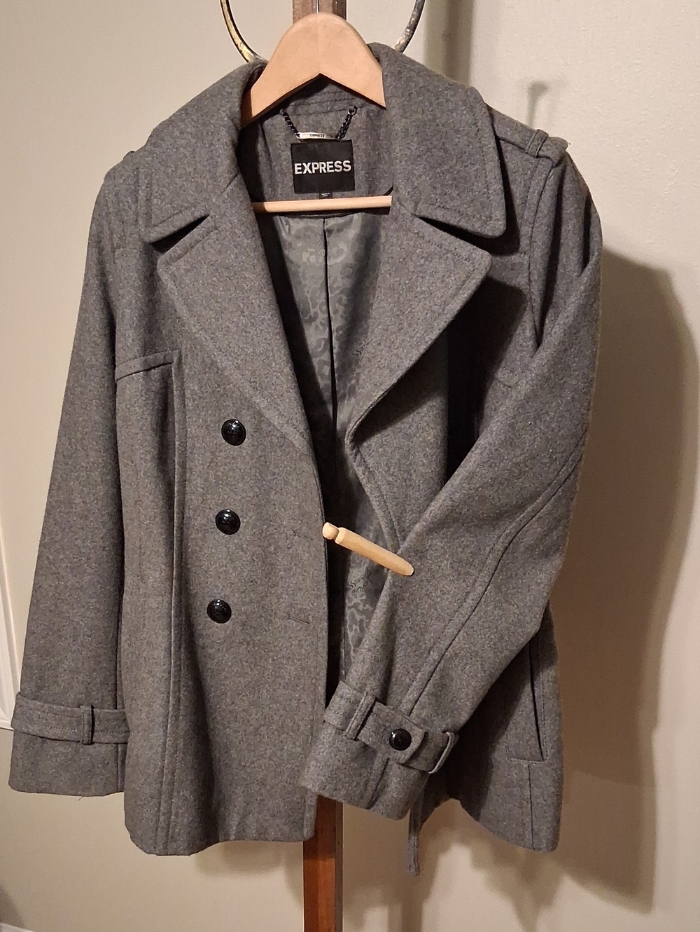 Express Gray Double-Breasted Wool-Blend Peacoat